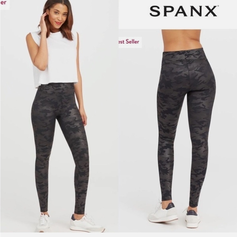 SPANX Faux Leather Camo Leggings Pants Size S Casual Black Gray Matte Date Night